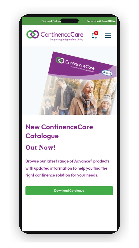 Continence Care website on a phone