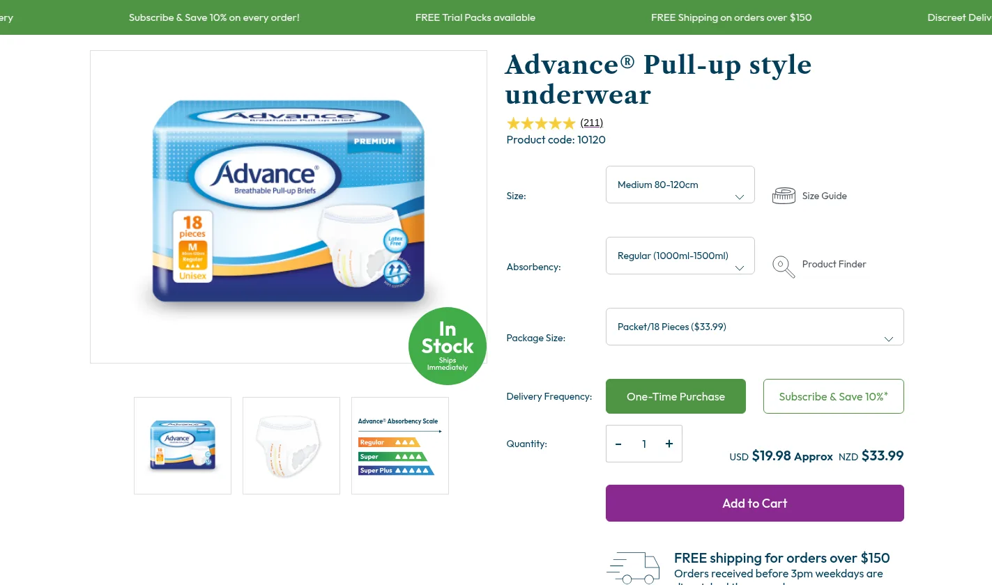 Continence Care product page