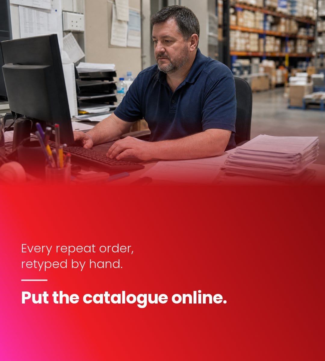 Every repeat order, retyped by hand. Put the catalogue online.