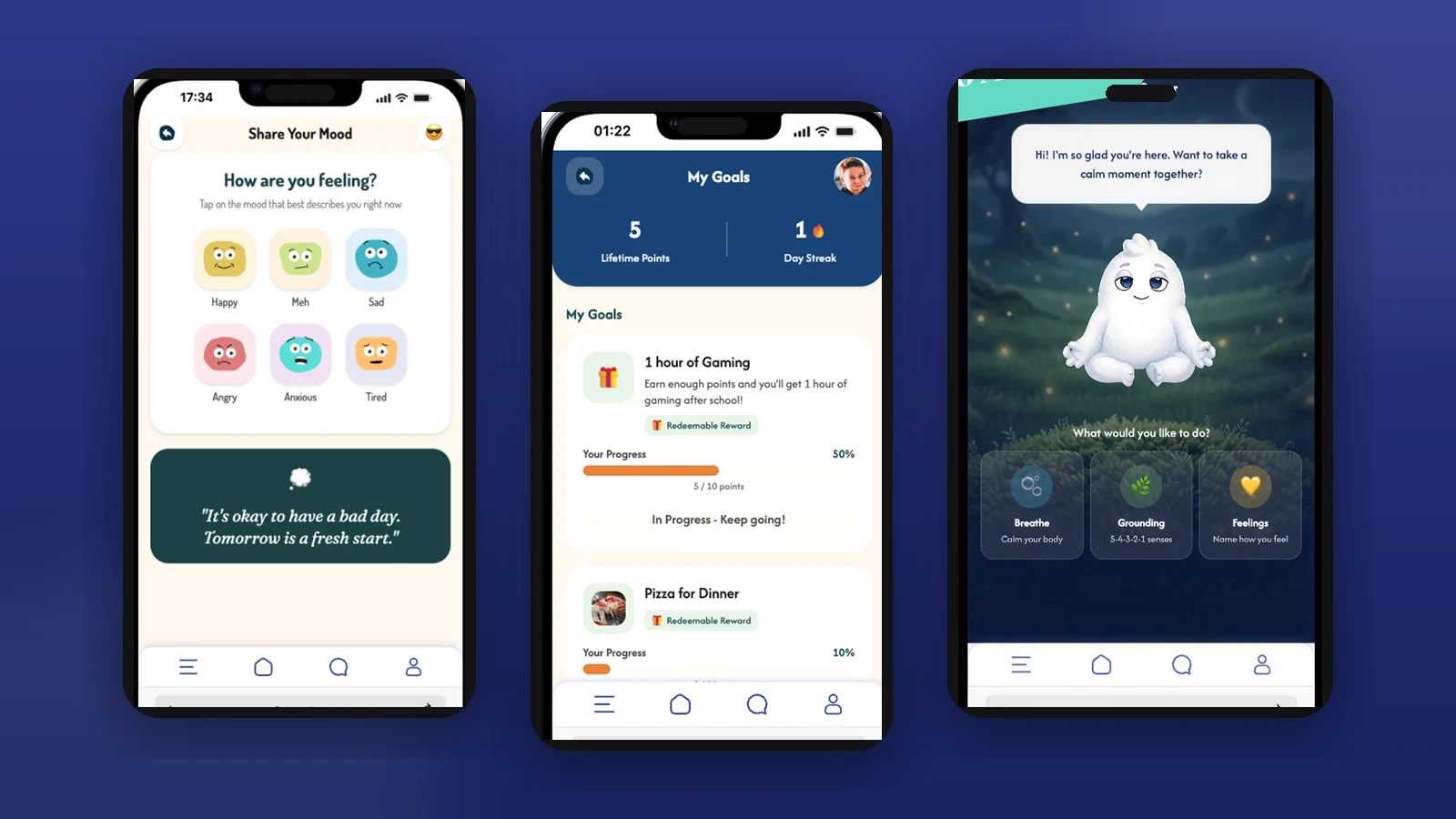 MoodSpace app screens: mood check-in, goals and Calm Corner