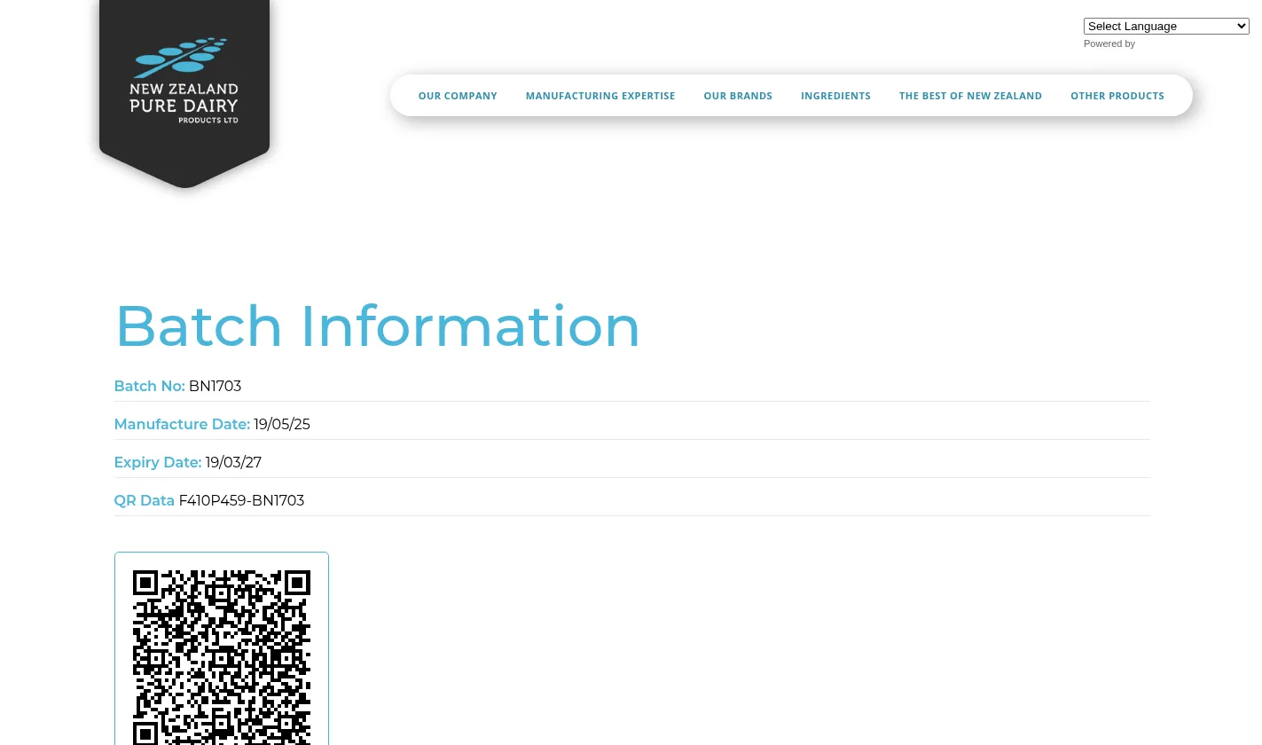 NZ Pure Dairy batch record page