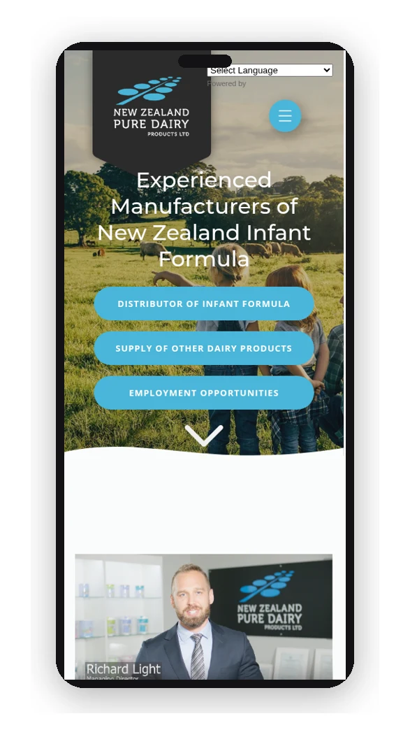 NZ Pure Dairy website on a phone
