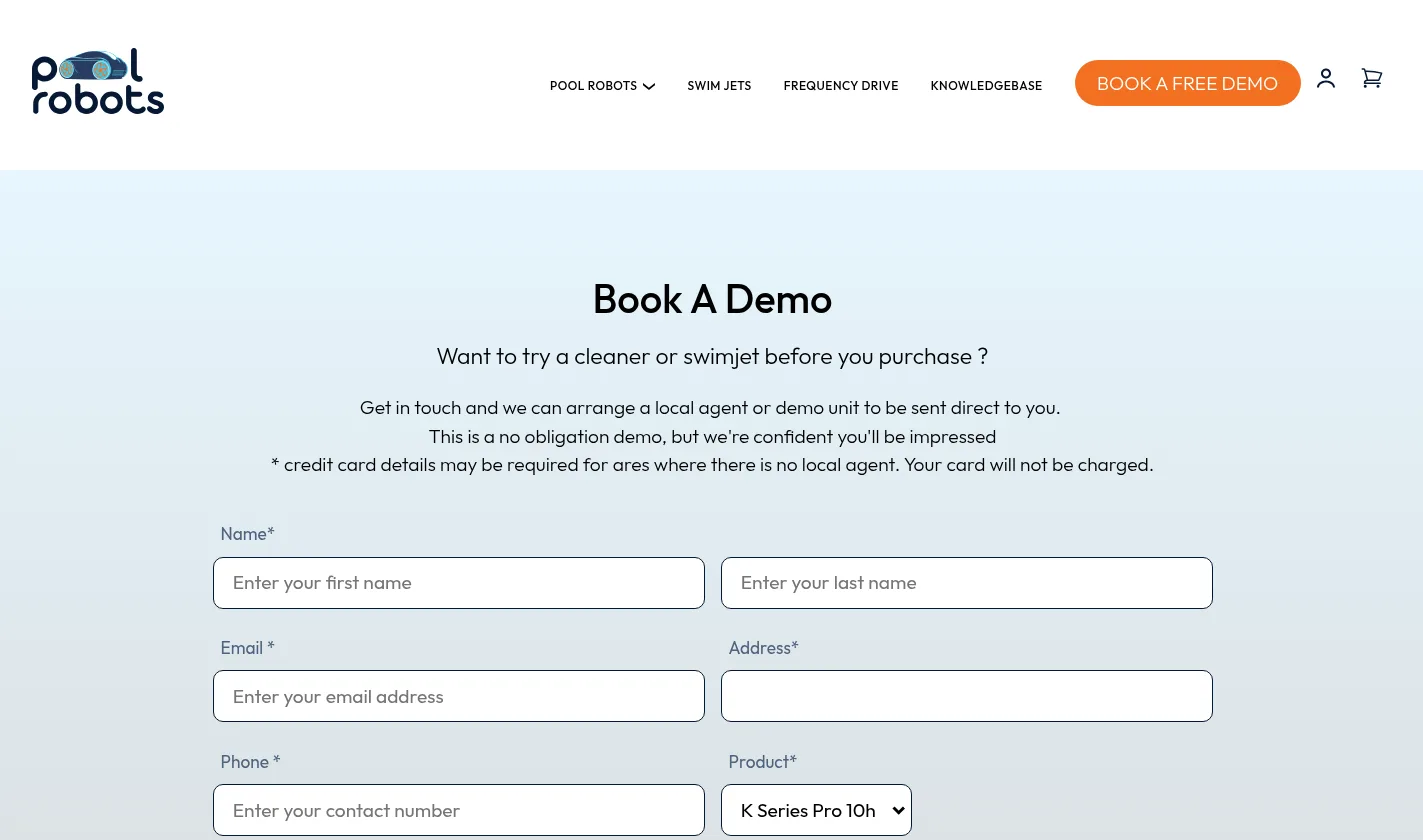 Pool Robots demo booking page