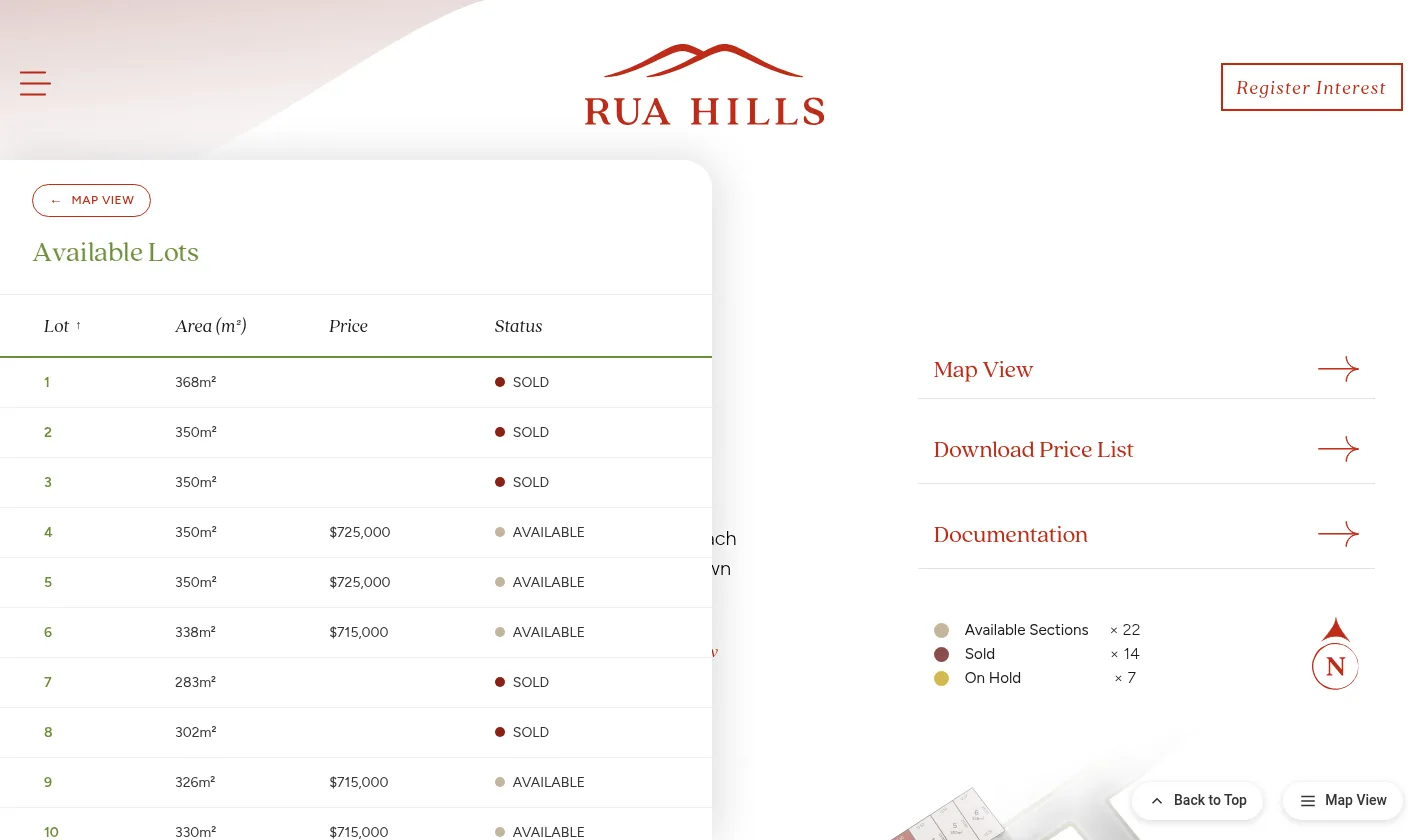 Rua Hills Stage 1a lot list showing area, price and status