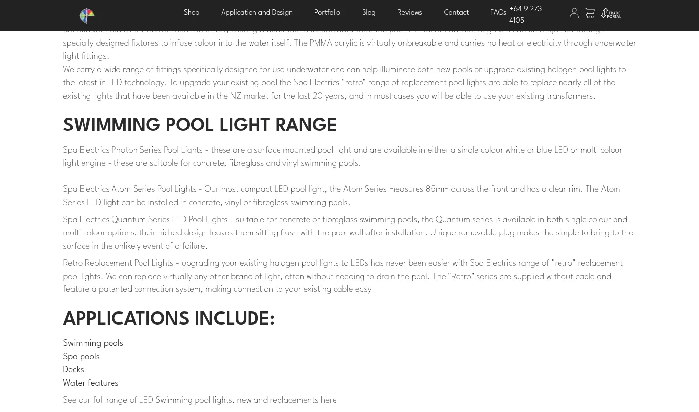 Swimming pool lighting application page