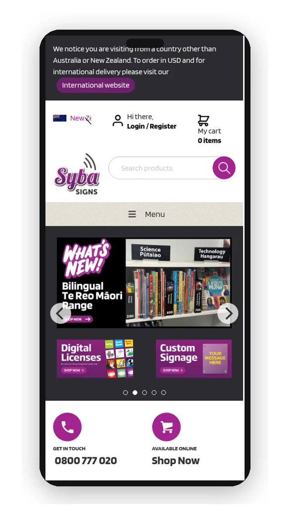 Syba Signs website on a phone